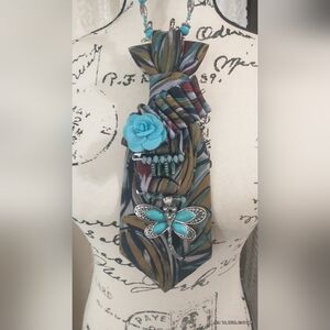 Turquoise Dragonfly Pendant Necklace with Multicolor Scarf Accent